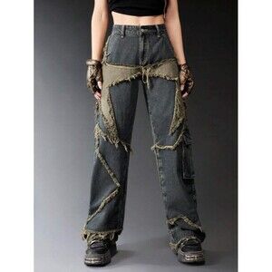 Romwe Punk Star Pattern Raw Trim Flap Pocket Cargo Boyfriend Jeans Denim Small